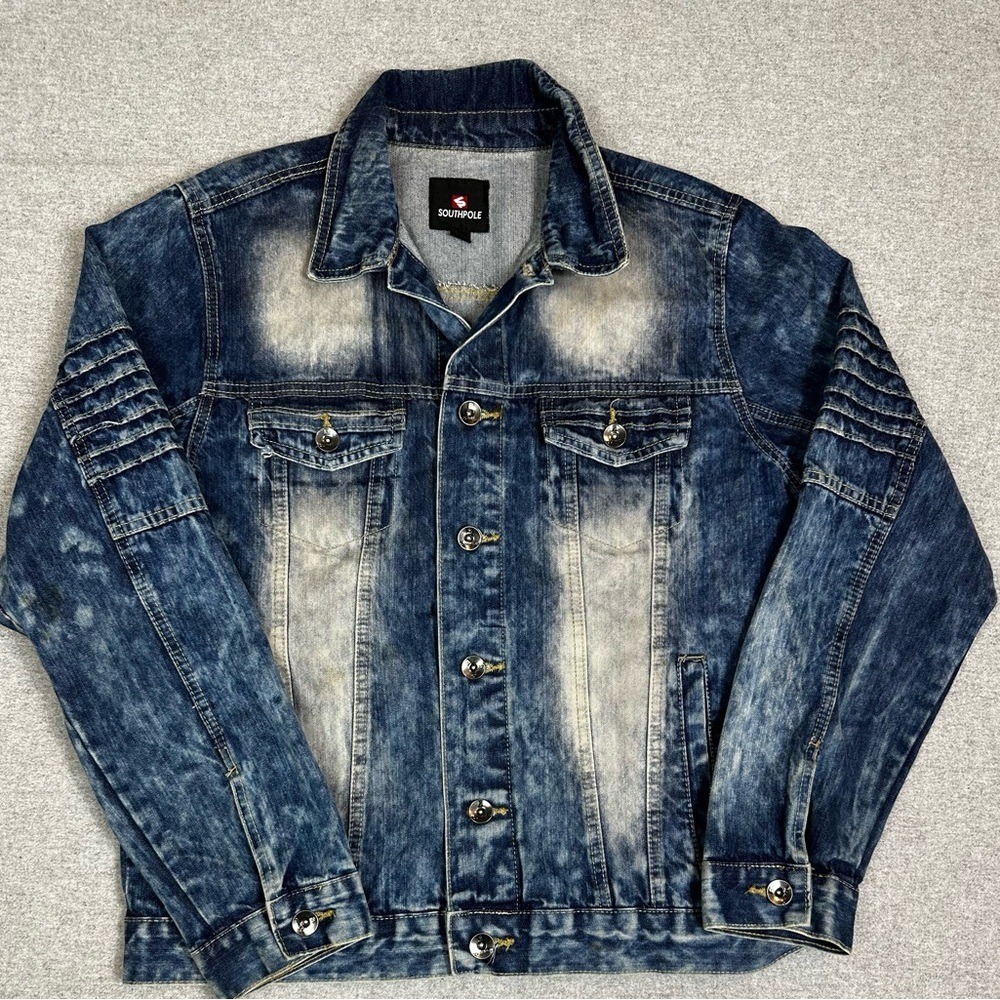 Southpole‎ Denim Jacket Mens Large Blue Acid Wash Trucker Ribbed Sleeve Biker